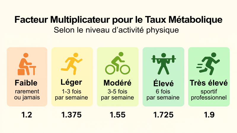 Facteur multiplicateur pour le taux métabolique basal selon le niveau d'activité physique