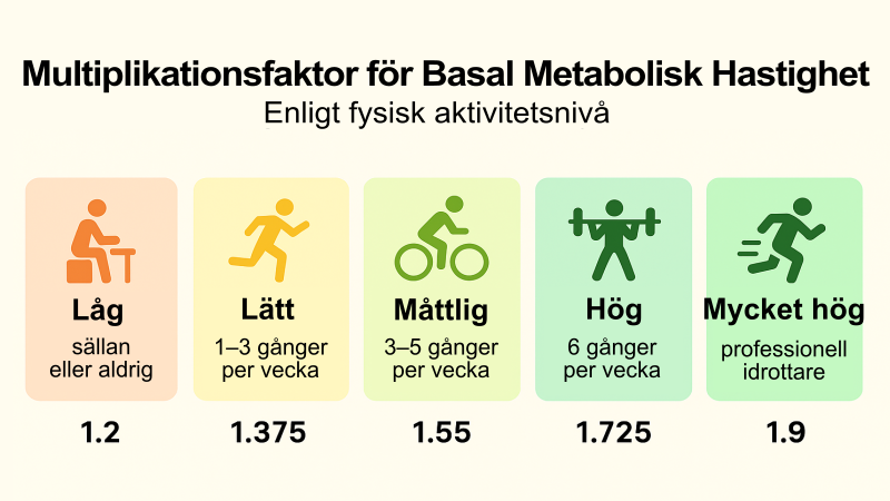 Multiplikationsfaktor för basalmetabolism enligt fysisk aktivitetsnivå